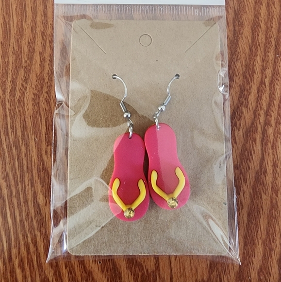 Pink and Yellow Flip-Flop Stainless Steel Fishhook Earrings - Picture 3 of 5